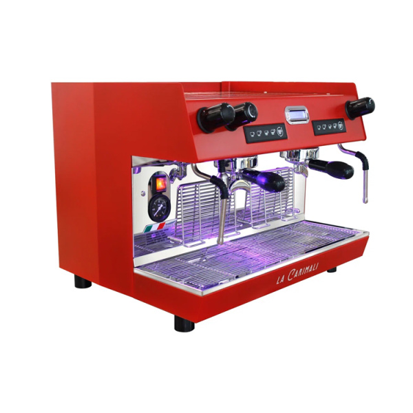 Кофемашина рожковая автоматическая CARIMALI Nimble E2 2 группы, высокие, подсветка, красный с задней прозрачной панелью
